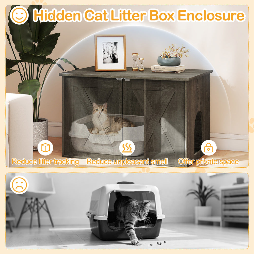 Hidden cat litter box enclosure in oak, stylish design with dual doors for easy access and litter control in any room.