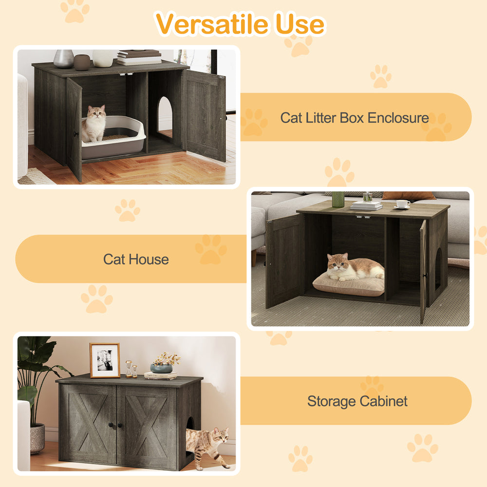 Hidden cat litter box enclosure furniture in oak, serving as a stylish cat house and storage cabinet for versatile use.