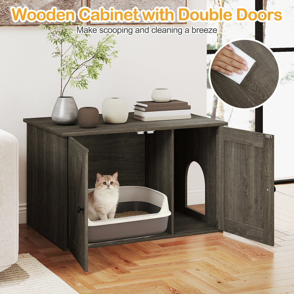 Hidden cat litter box enclosure in oak finish with double doors, perfect for stylish home decor and easy cleaning.