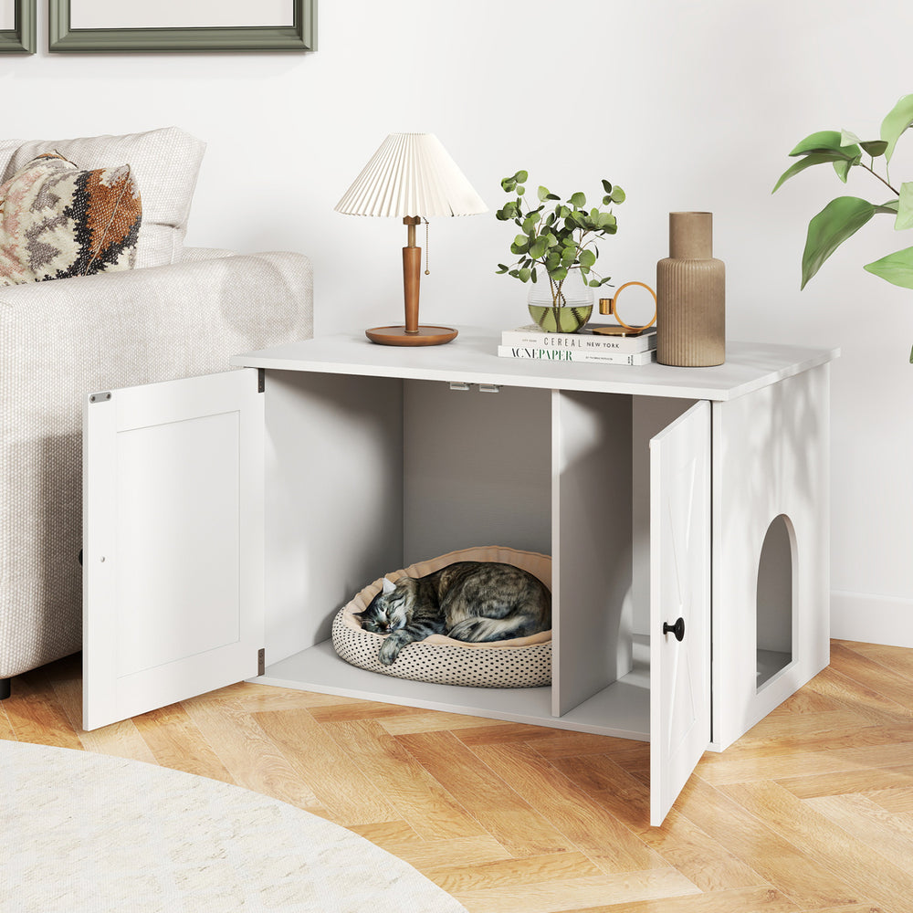 Hidden Cat Litter Box Enclosure Furniture with Divider-White - Gallery View 1 of 10