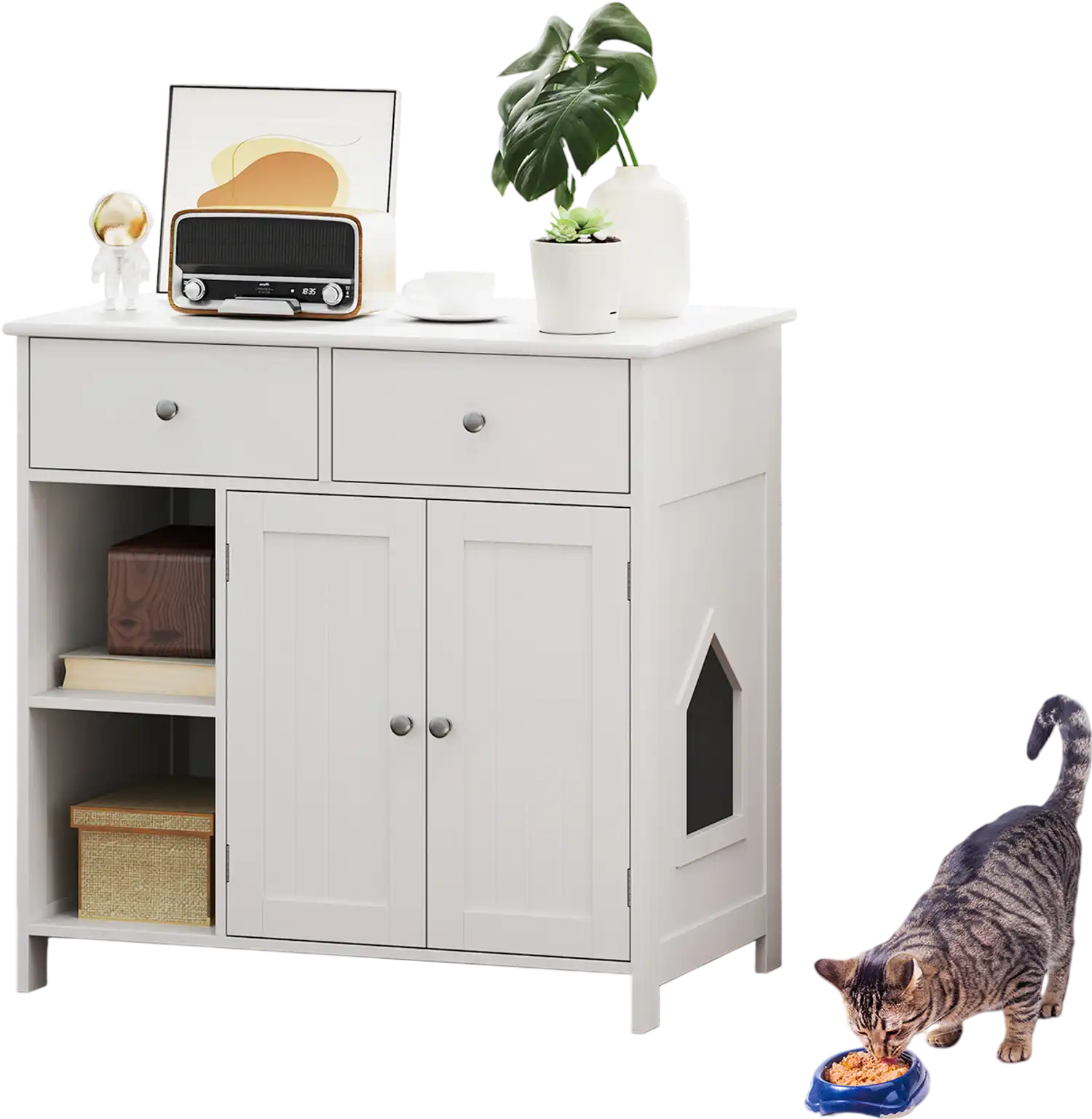 Costway Hidden Cat Washroom Side Cabinet Pet House 2 Drawers White 254891367 New
