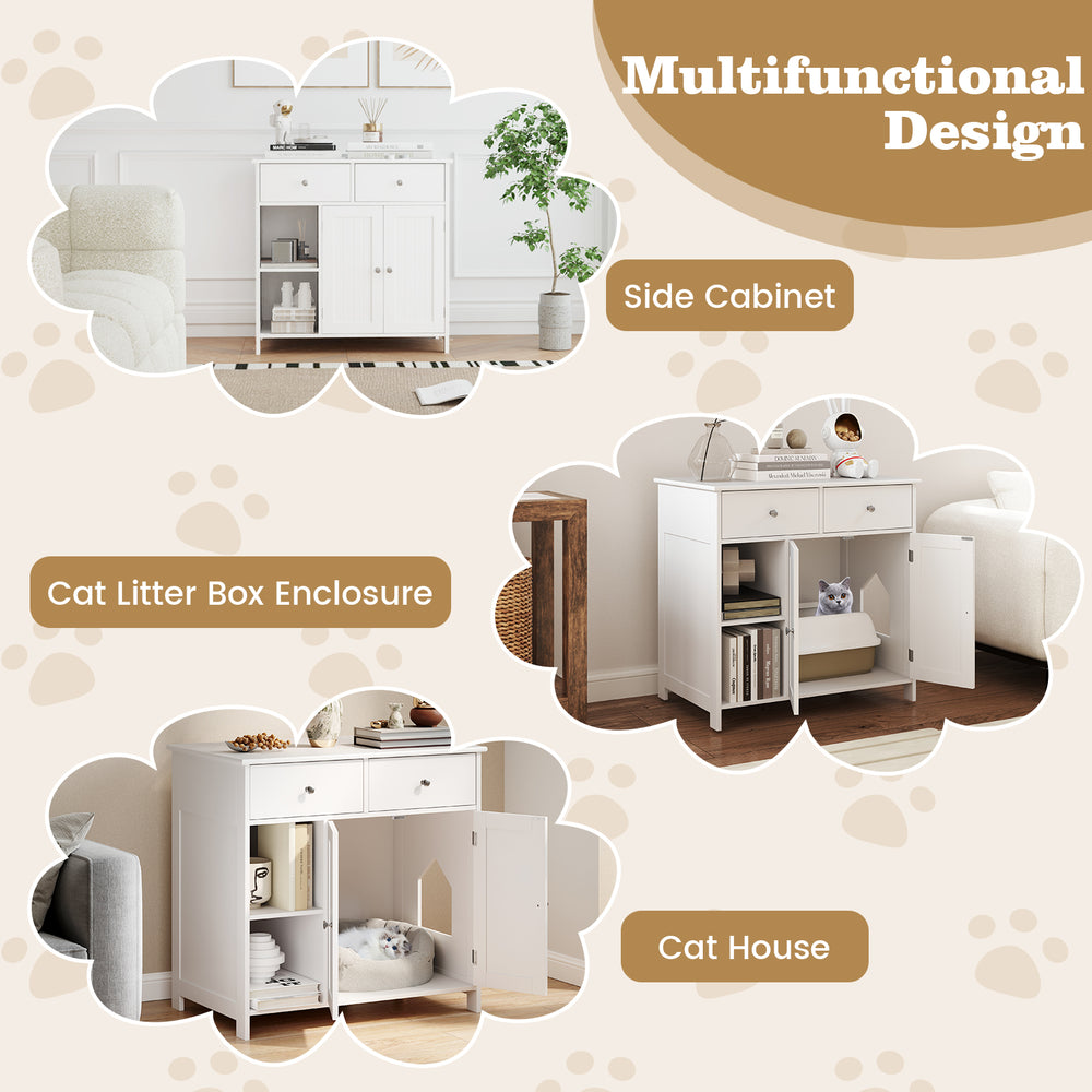 White wooden side cabinet with two drawers, serving as a cat litter box enclosure and cozy pet house.