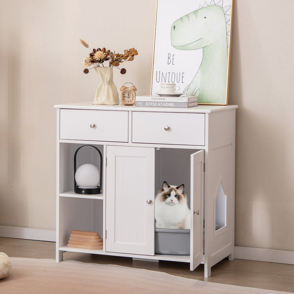 Hidden cat washroom side cabinet in white with two drawers and a cozy enclosed space for pets, perfect for stylish.