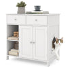 Hidden cat washroom side cabinet in white with 2 drawers, featuring a cozy cat house and open compartments for supplies.