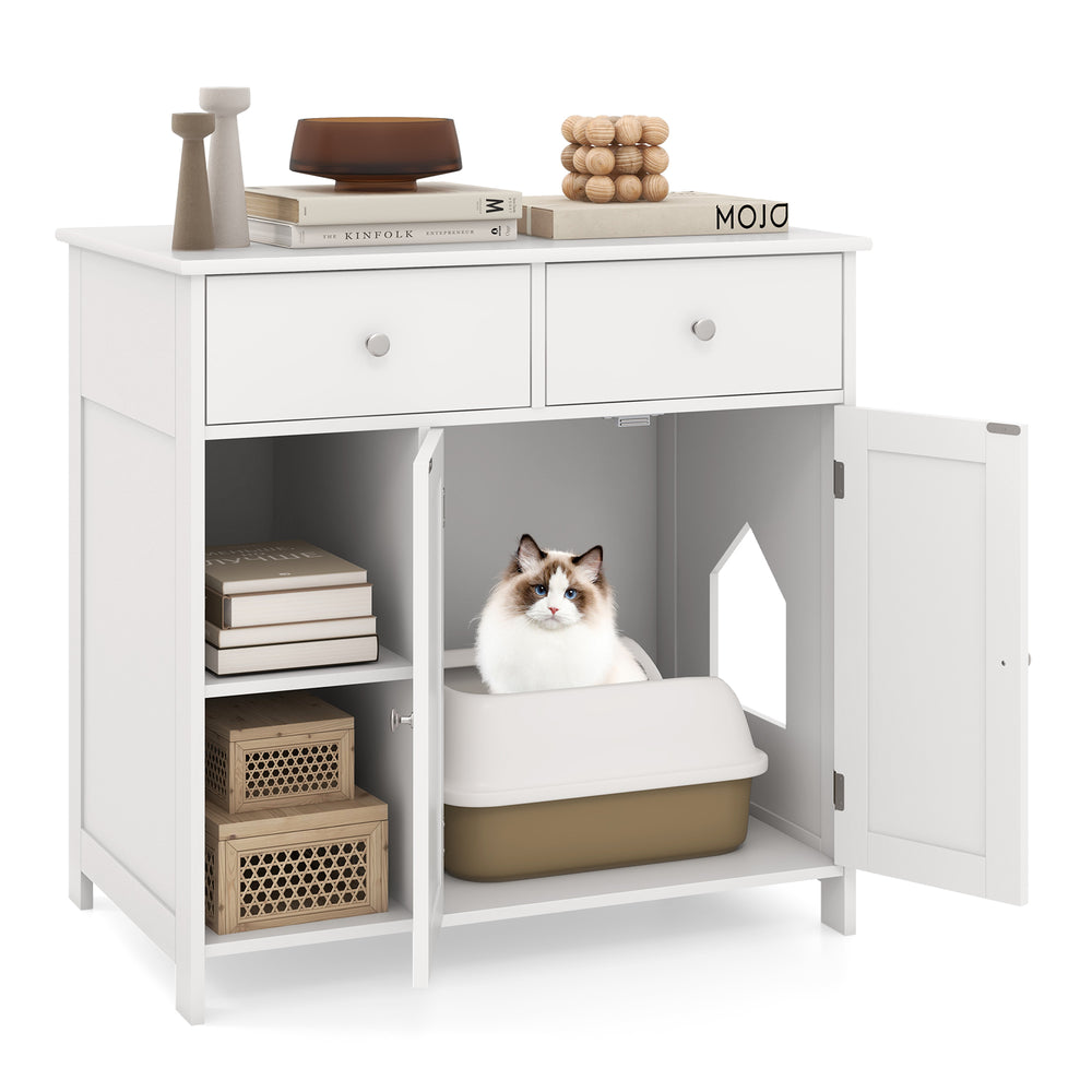 Hidden cat washroom side cabinet in white with two drawers, providing a discreet space for litter and cat supplies.
