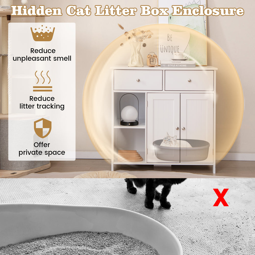 Hidden cat litter box enclosure in white wood, featuring two drawers and open compartments for organized pet supplies.