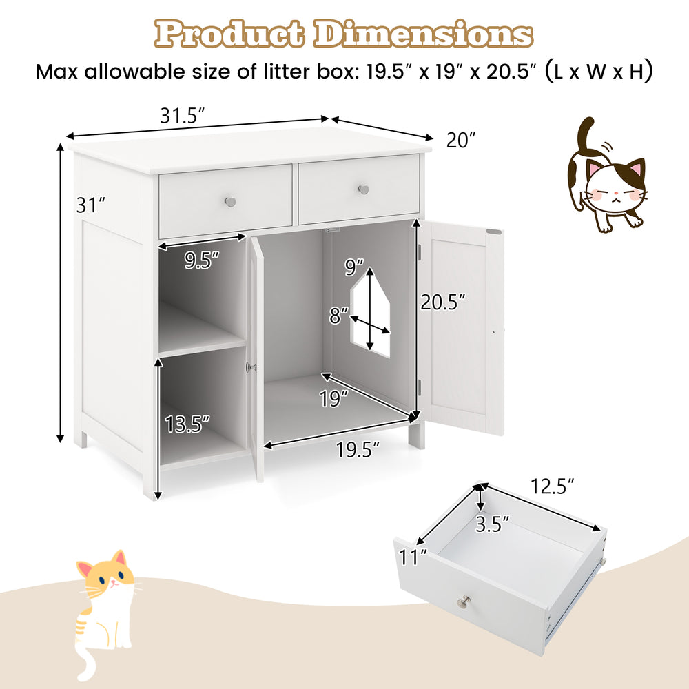 Hidden cat washroom side cabinet in white with two drawers and open compartments for discreet pet care and organization.