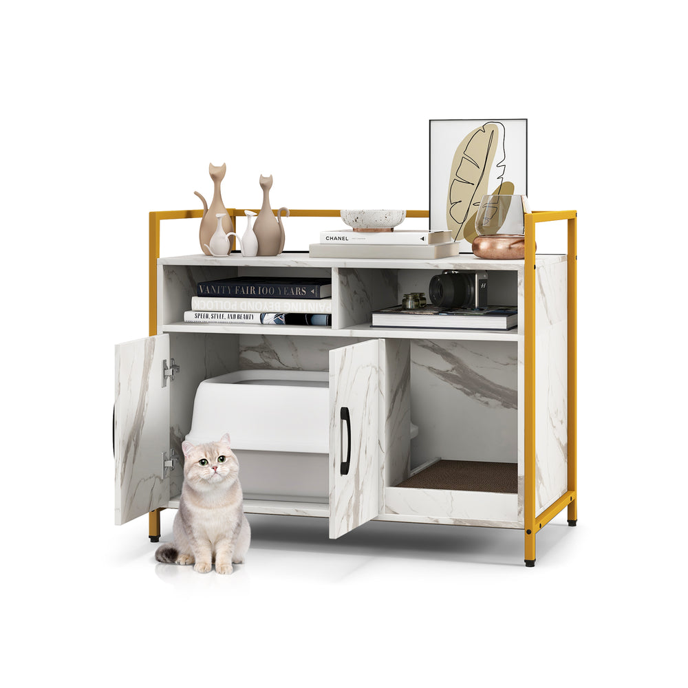 Hidden cat washroom with double doors, scratch cardboard, and a stable metal frame for versatile storage and litter box.