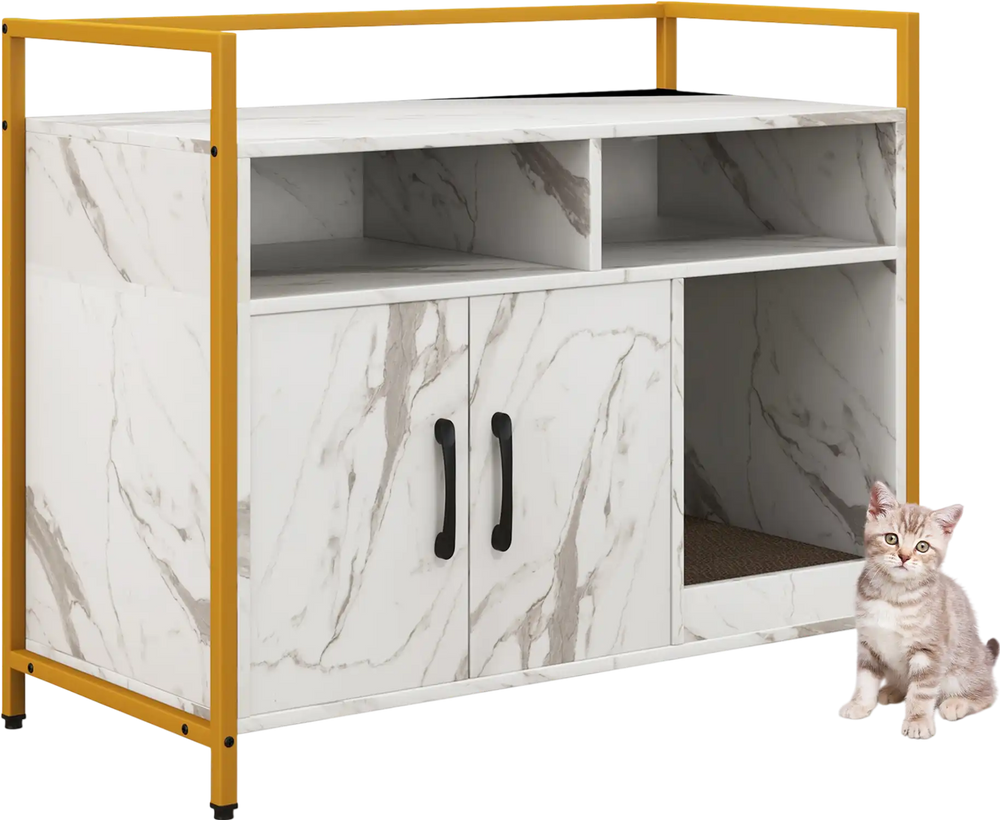 Hidden cat washroom with double doors, white marble finish, and scratch cardboard, ideal for litter box storage.