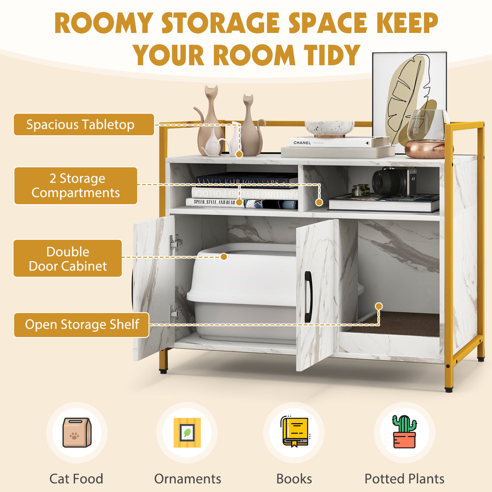 Hidden cat washroom with double doors, spacious tabletop, and storage compartments for versatile use in any room.