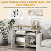Double door cabinet for cat litter box with scratch cardboard, solid metal frame, and built-in ventilation holes.