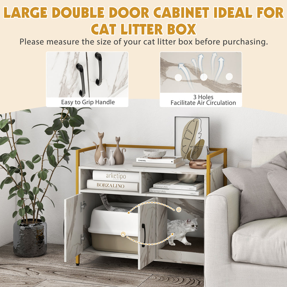 Double door cabinet for cat litter box with scratch cardboard, solid metal frame, and built-in ventilation holes.