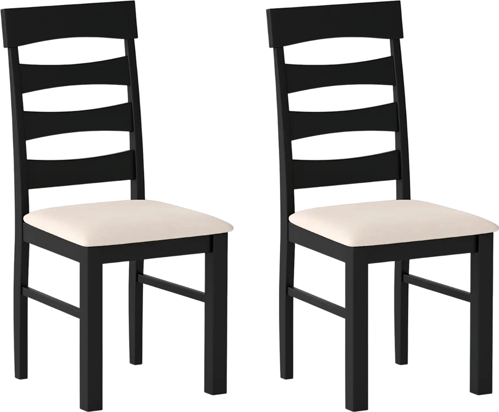 Set of 2 black high back dining room chairs with padded seats, featuring ergonomic design and sturdy rubber wood.