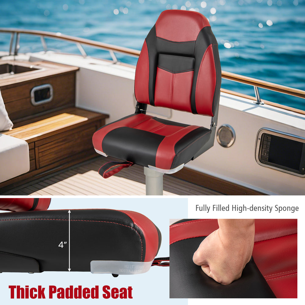 High back folding boat seat in red and black with thick padded sponge cushion for comfortable outdoor seating.