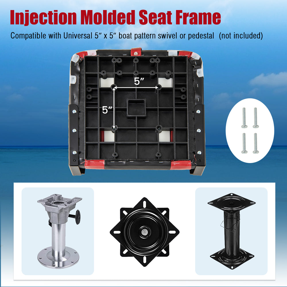 Injection molded seat frame compatible with 5"x5" boat swivel, featuring sturdy aluminum hinges for durability.