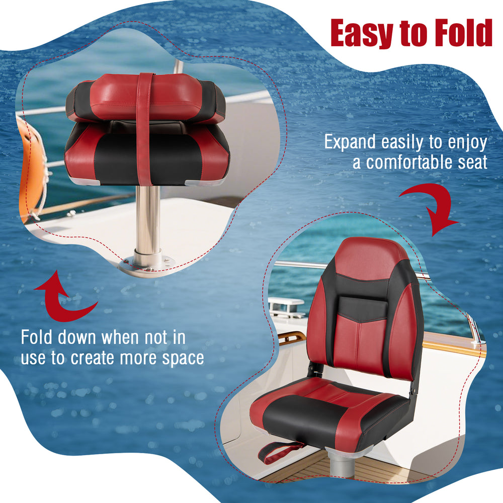 High back folding boat seat in red and black with sponge cushion, designed for comfort and easy storage on boats.