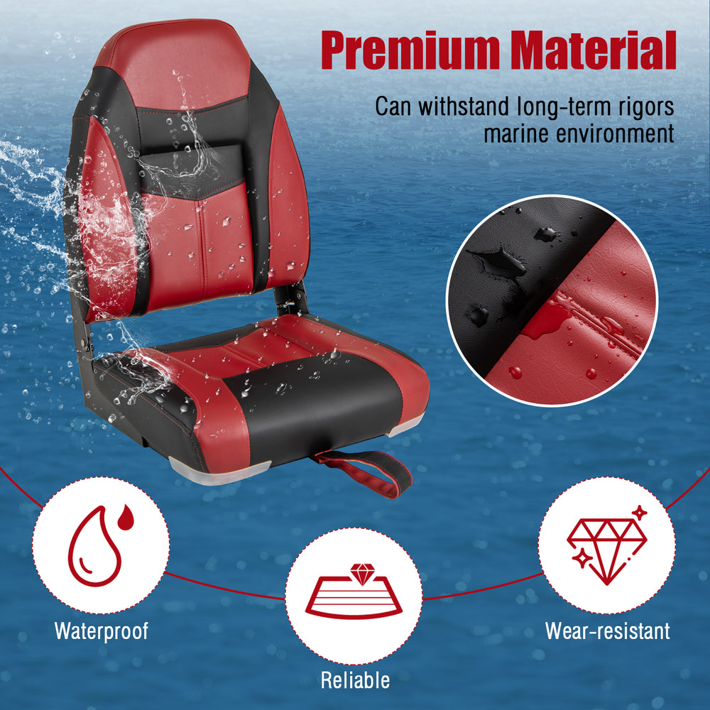 High back folding boat seat in red and black, made of waterproof PVC, ideal for comfortable outdoor seating.