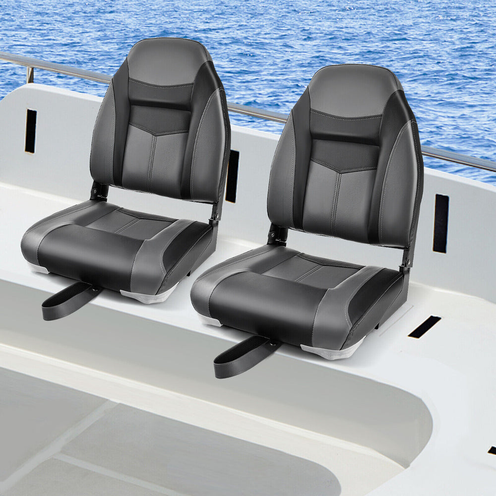 High back folding boat seats in black and grey with sponge cushions, designed for comfort and durability on water.