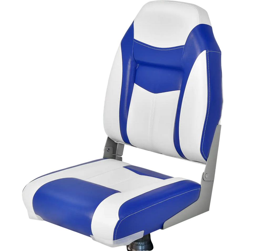High back folding boat seat in blue and white with padded cushion, aluminum hinges, and ergonomic support for comfort.