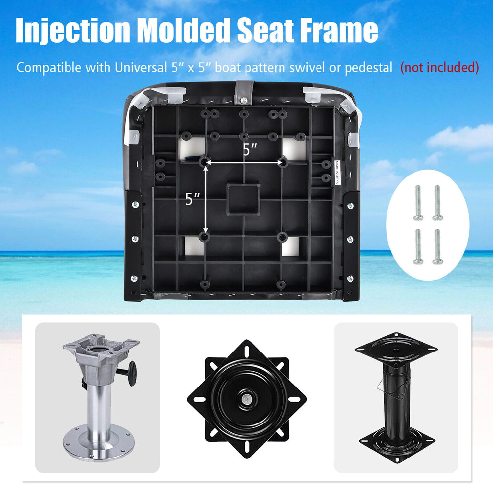 High back folding boat seat with black grey sponge cushion, ergonomic support, and durable waterproof PVC for outdoor.