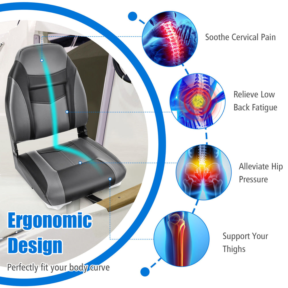 High back folding boat seat in black and grey with ergonomic design, soft cushion, and sturdy aluminum hinges for.