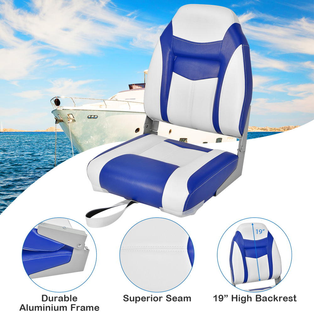 High back folding boat seat in blue and white with padded cushion, aluminum hinges, and ergonomic support for outdoor.