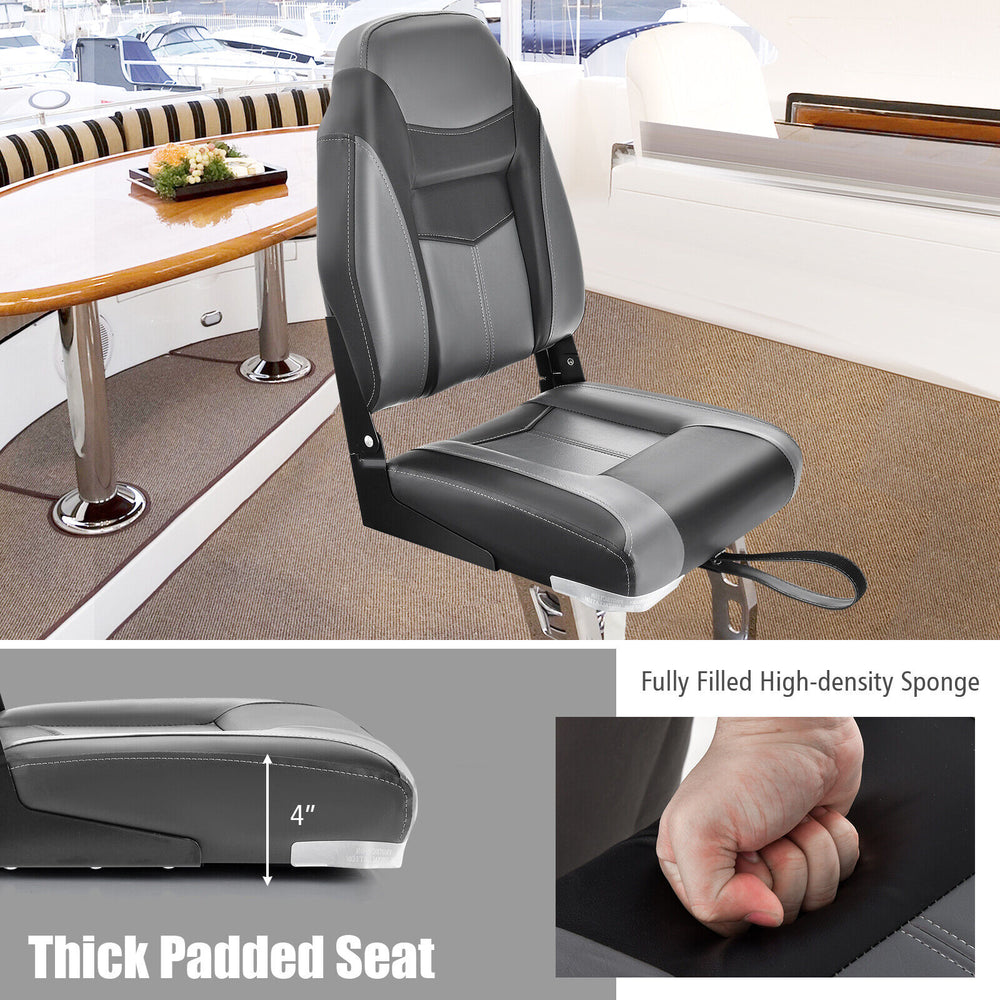 High back folding boat seat in black and grey with thick padded sponge cushion for comfortable outdoor use.