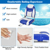 High back folding boat seat in blue and white with soft padded cushion, waterproof PVC, and flexible aluminum hinges.