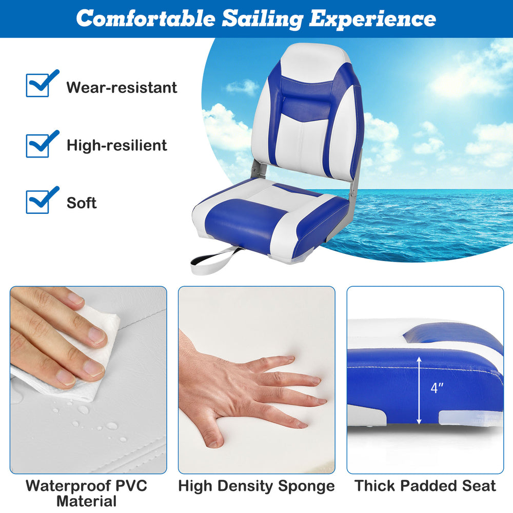 High back folding boat seat in blue and white with soft padded cushion, waterproof PVC, and flexible aluminum hinges.