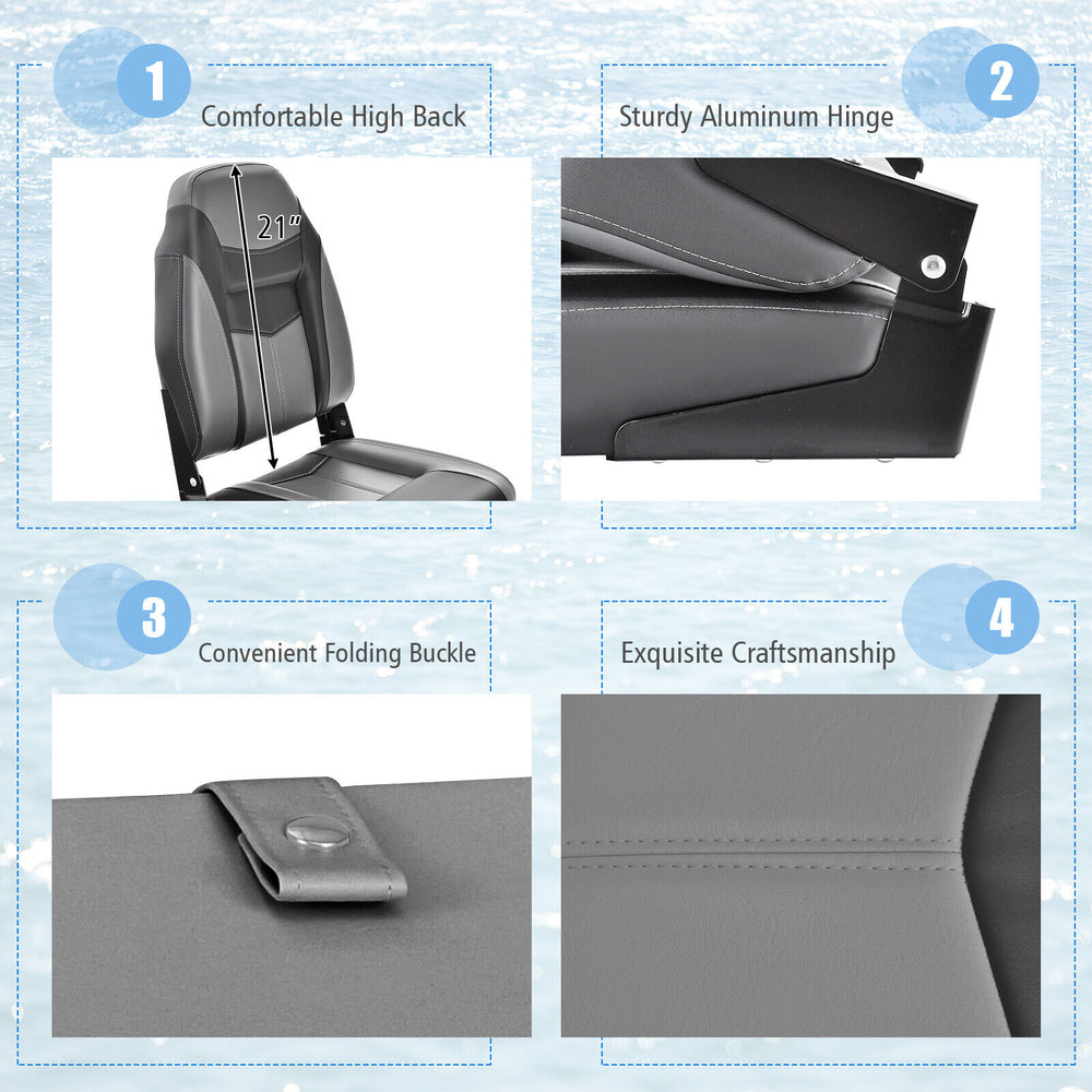 High back folding boat seat with black grey sponge cushion and aluminum hinges for comfortable outdoor seating.