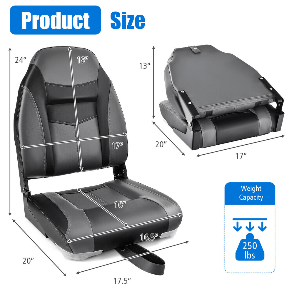 High back folding boat seat with black grey sponge cushion, ergonomic design, and aluminum hinges for outdoor use.