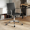 High Back Ribbed Office Chair with Armrests in black features a PU leather seat, adjustable height, and smooth-rolling wheels.