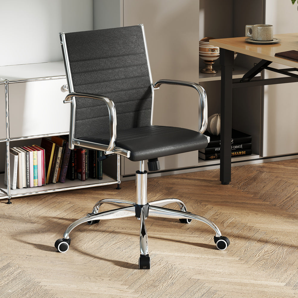 High Back Ribbed Office Chair with Armrests in black features a PU leather seat, adjustable height, and smooth-rolling wheels.