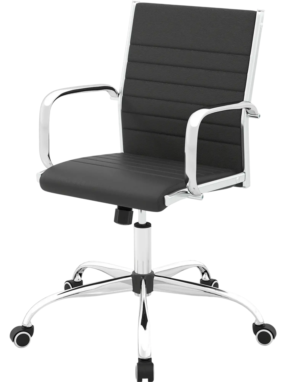 High Back Ribbed Office Chair with Armrests in black features a height-adjustable seat and smooth-rolling wheels for flexibility.