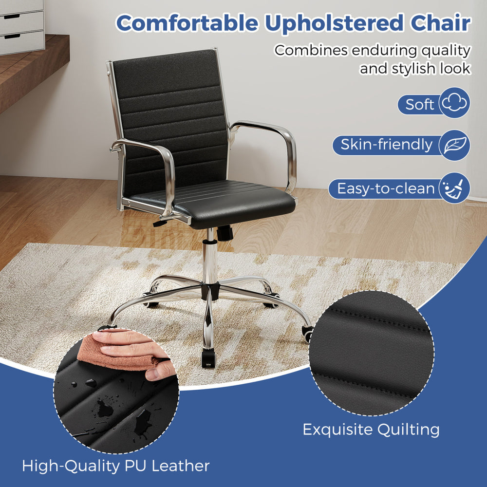 High Back Ribbed Office Chair in black features ergonomic design, adjustable height, and easy-to-clean PU leather for comfort.