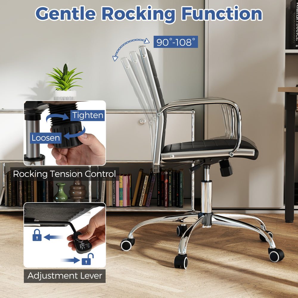 High Back Ribbed Office Chair with Armrests in black features adjustable height and gentle rocking function for comfort.