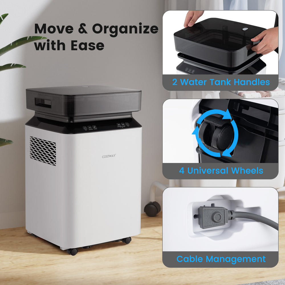 Dehumidifier with 4 universal wheels, touch panel, and cable management for efficient indoor humidity control.