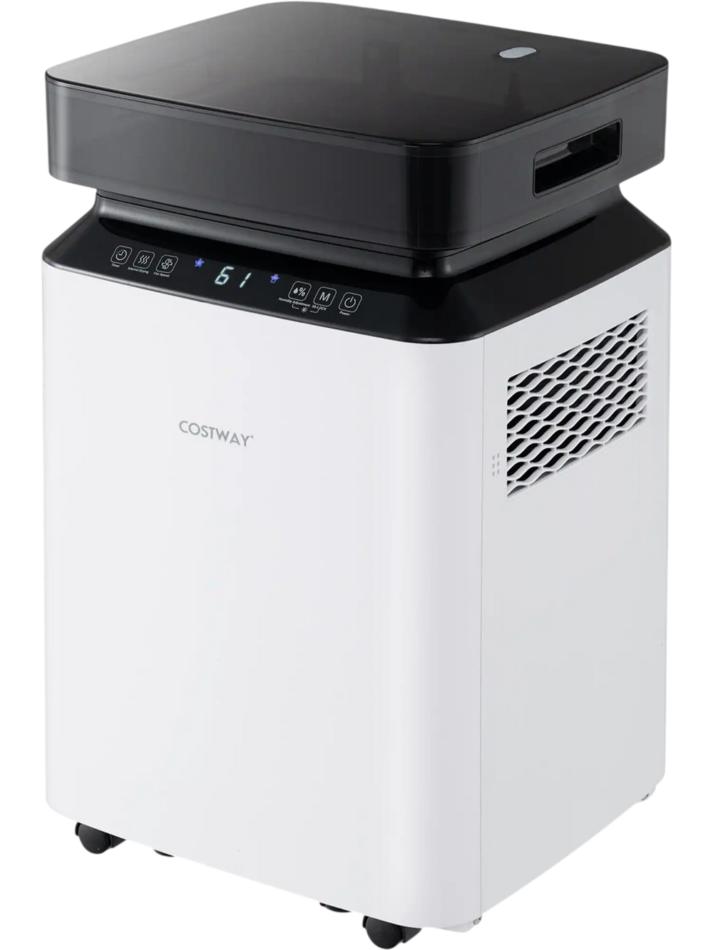 70-pint dehumidifier with LED display, adjustable humidity, and 4 wheels for easy mobility in home or basement.