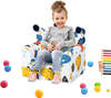 Kids sofa with armrest and extra pillow in blue, featuring high-density padding for comfort and support in a playroom.