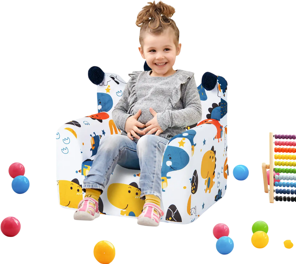 Kids sofa with armrest and extra pillow in blue, featuring high-density padding for comfort and support in a playroom.