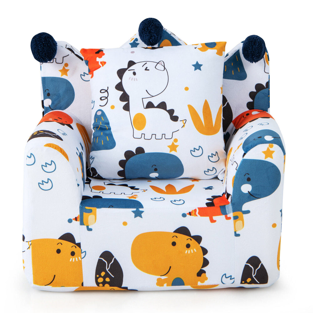 Kids sofa with armrest and extra pillow in blue, featuring fun dinosaur patterns, perfect for playrooms and reading.