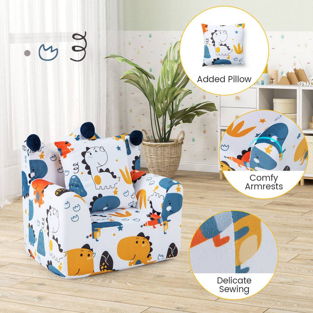 Kids sofa with armrests and extra pillow in blue, featuring comfy design and delicate sewing for playroom comfort.