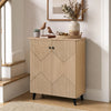 Freestanding 2-door geometric cabinet with carved panels, perfect for footwear storage in entryways or hallways.