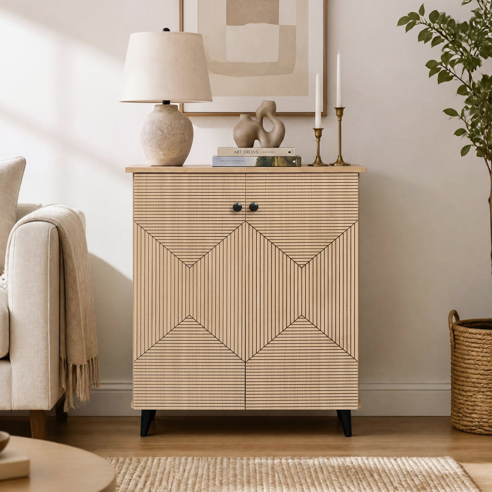 Freestanding geometric cabinet with carved panels, natural finish, perfect for footwear storage in entryways or hallways.