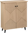 Geometric 2-door cabinet with carved panels in natural finish, ideal for stylish footwear storage in entryways or hallways.