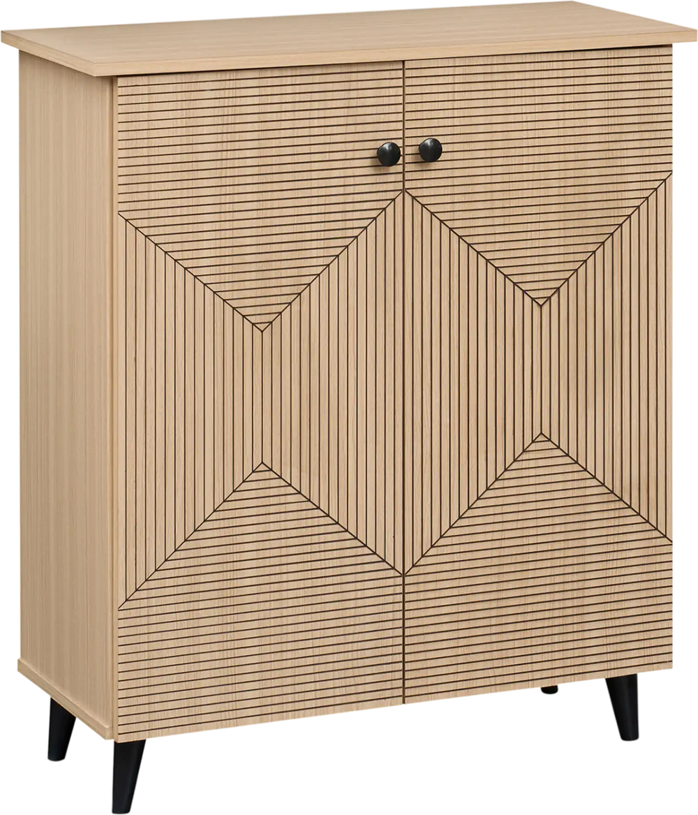 Geometric 2-door cabinet with carved panels in natural finish, ideal for stylish footwear storage in entryways or hallways.