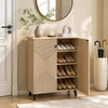 Freestanding 2-door geometric cabinet with carved panels, offering stylish footwear storage for entryway or hallway.