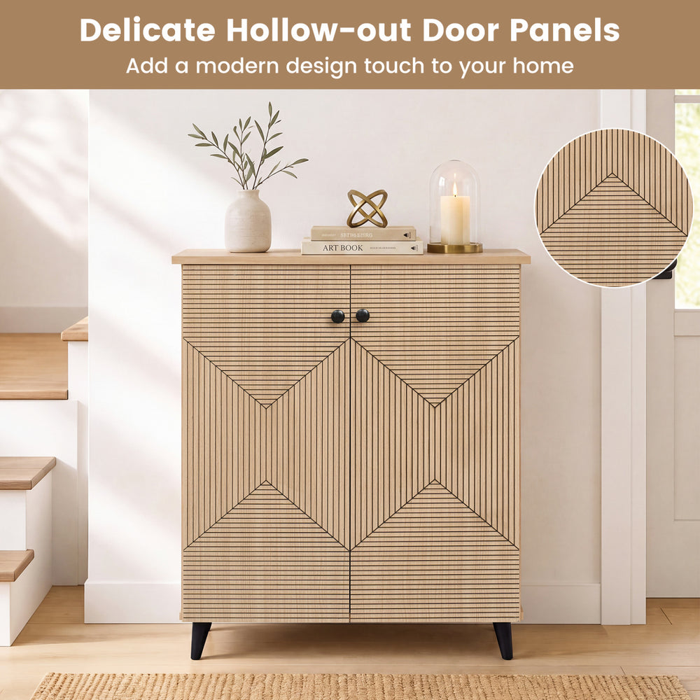 Geometric cabinet with hollow-out door panels, offering large storage for shoes, ideal for entryway or hallway use.