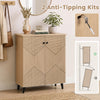 Freestanding geometric cabinet with carved panels, featuring two doors and anti-tipping kits for safe footwear storage.