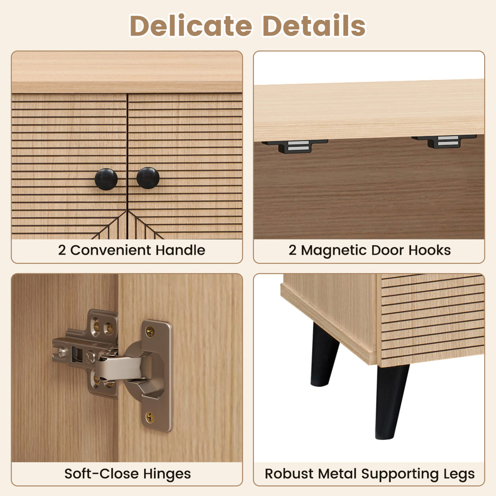 Geometric cabinet featuring carved panels, soft-close hinges, and robust metal legs for stylish footwear storage.
